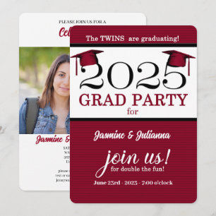 Invitation Diplômé en photo Red Pinstripe 2025 double