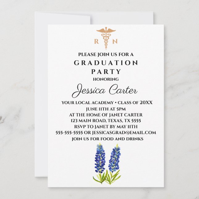 Invitation Diplôme Floral Infirmière Typographie Bluebonnets (Devant)