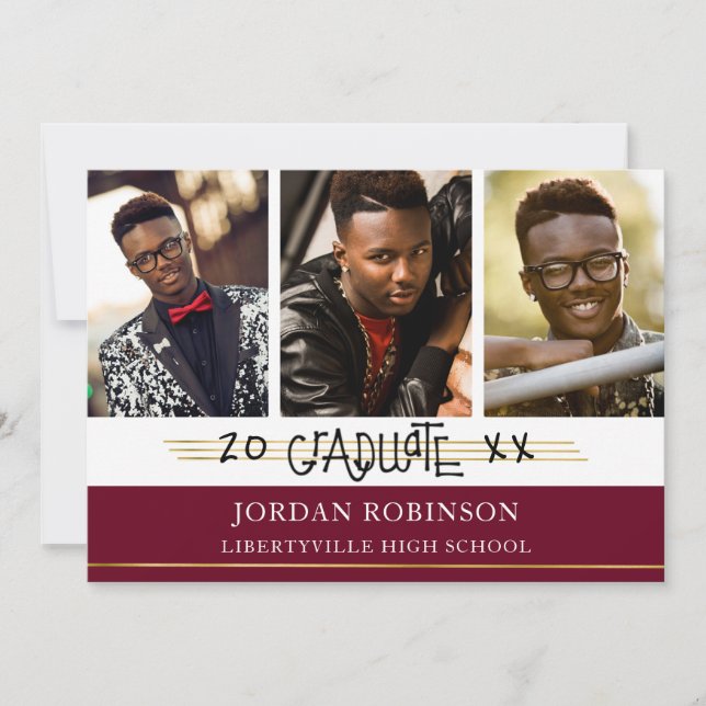 Invitation Diplômé imprimé à la main | Lignes Maroon et Or (Devant)