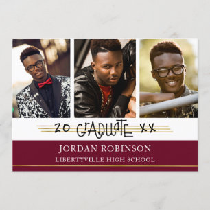 Invitation Diplômé imprimé à la main   Lignes Maroon et Or