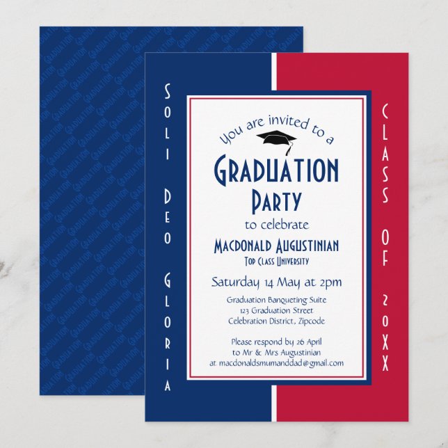 Invitation DIPLÔME Personnalisé Christian Rouge Blanc Bleu (Devant / Derrière)