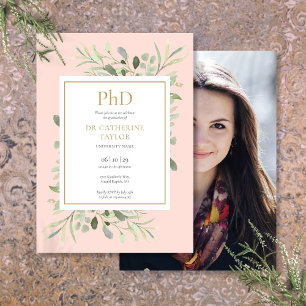 Invitation Diplôme Phd Blush Pink Greenery Photo Graduation
