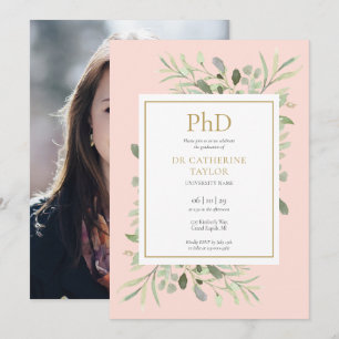 Invitation Diplôme Phd Blush Pink Greenery Photo Graduation