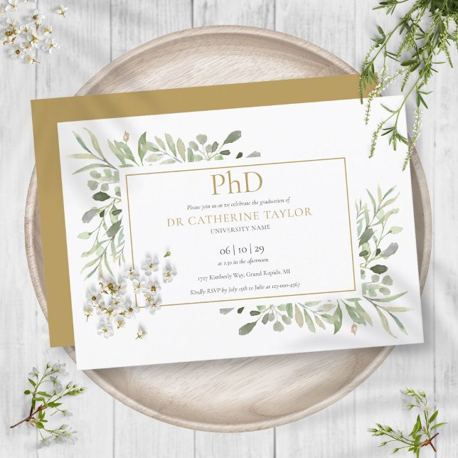 Invitation Diplôme Phd Green Foliage Gold Graduation (Phd Degree Greenery Foliage Gold Graduation Invitation)