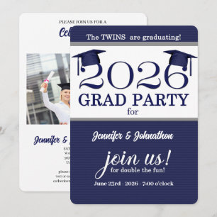 Invitation Diplôme photo 2025 Twin Graduate Blue Pinstripe
