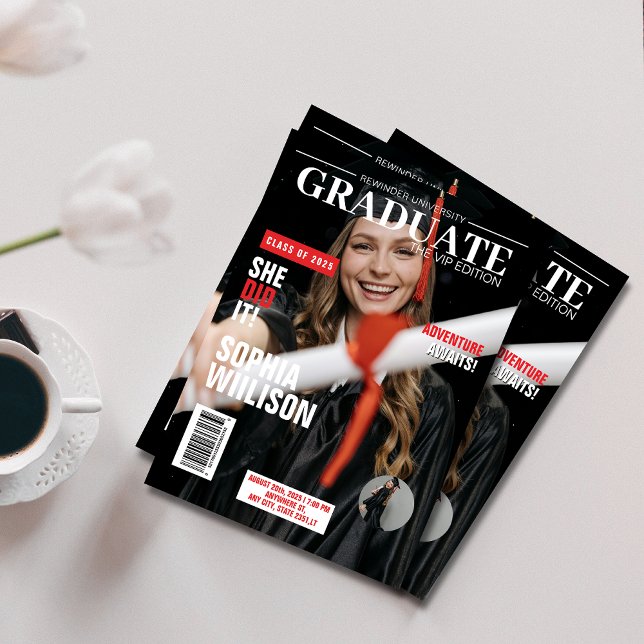 Invitation Diplôme photo moderne de magazine noir et rouge (Créateur téléchargé)