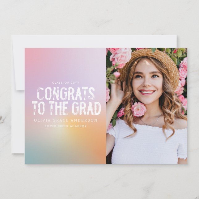 Invitation Diplôme photo moderne pastel arc-en-ciel rose girl (Devant)
