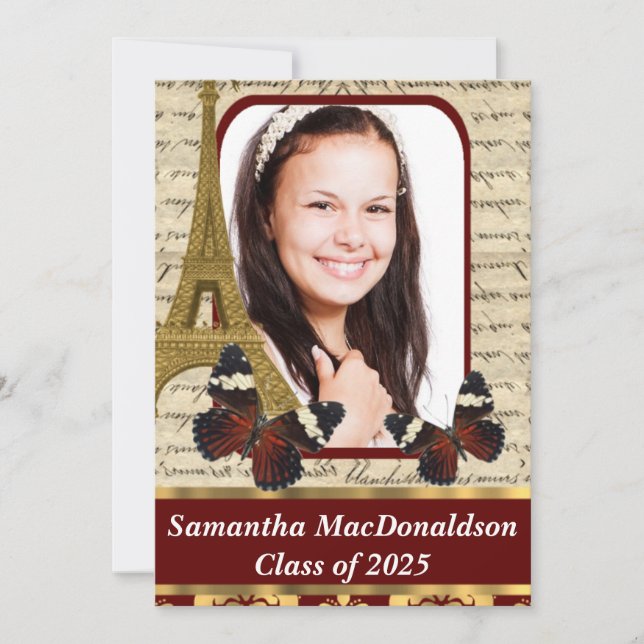 Invitation Diplôme photo Paris et papillons (Devant)