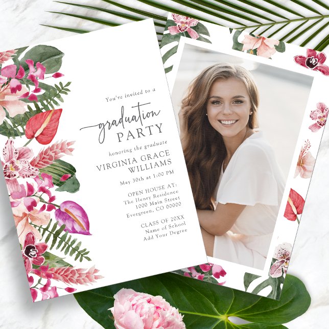 Invitation Diplôme Photo Tropical (Tropical Floral Photo Graduation Party Invitation by Painted Paperie
)