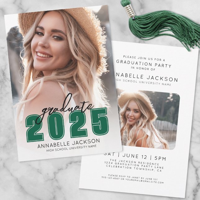 Invitation Diplôme simple de photo verte (Simple Green Photo Graduation Invitation)
