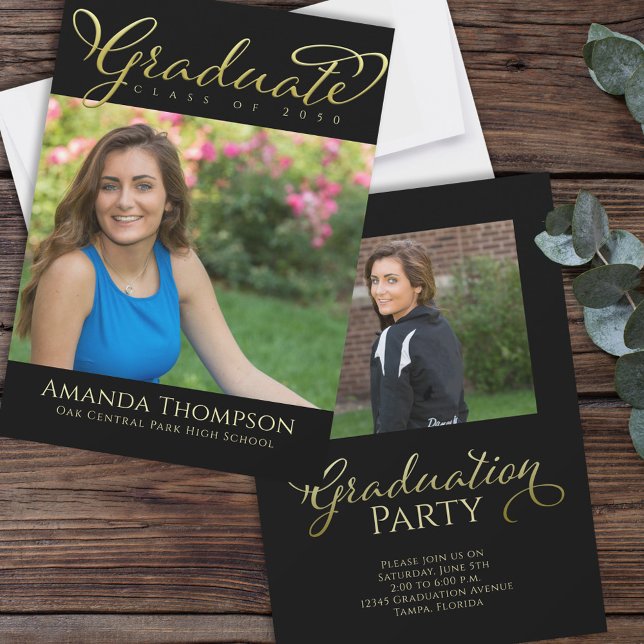 Invitation Diplômé Simple Écriture Calligraphique Or Noir (Elegant black and gold graduation photo party card with modern typography for Class of 2026! )