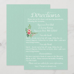 Invitation Directions Fleurs de Menthe Vert Rose Rose Mariage