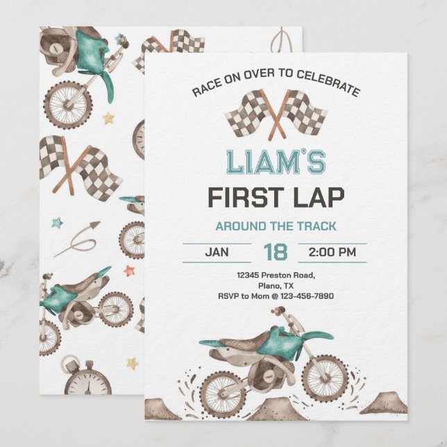 Invitation Dirt Bike First Lap Birthday Party (Devant / Derrière)