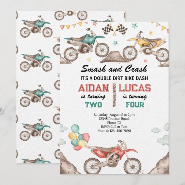 Invitation Dirt Bike Joint Birthday Party (Devant / Derrière)