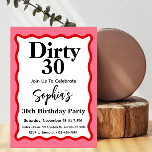 Invitation Dirty 30 Courbe rose et rouge Squiggle 30e anniver