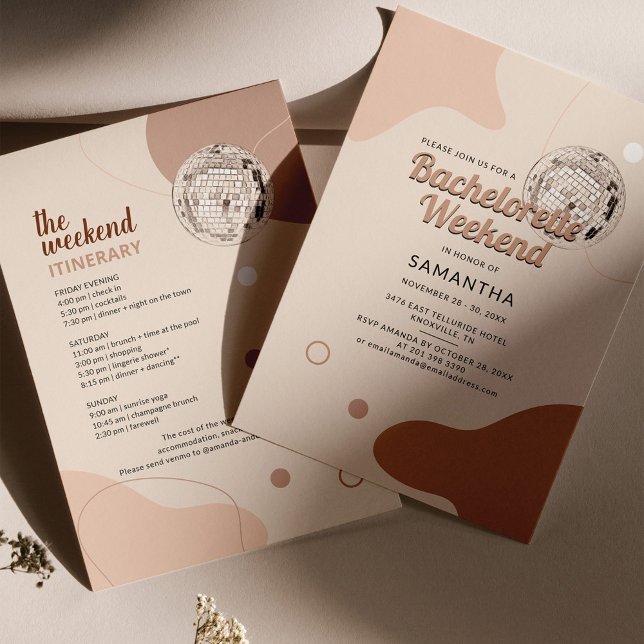 Invitation Disco Bachelorette Week-end avec Itinéraire (Front and Back of Bachelorette Weekend Invitation)