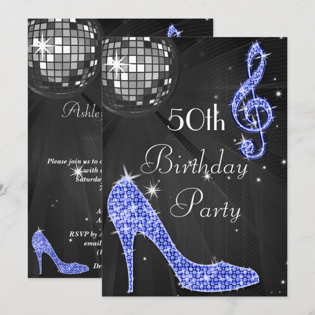 Invitation Disco Ball and Heels Black & Blue 50e anniversaire (Devant / Derrière)