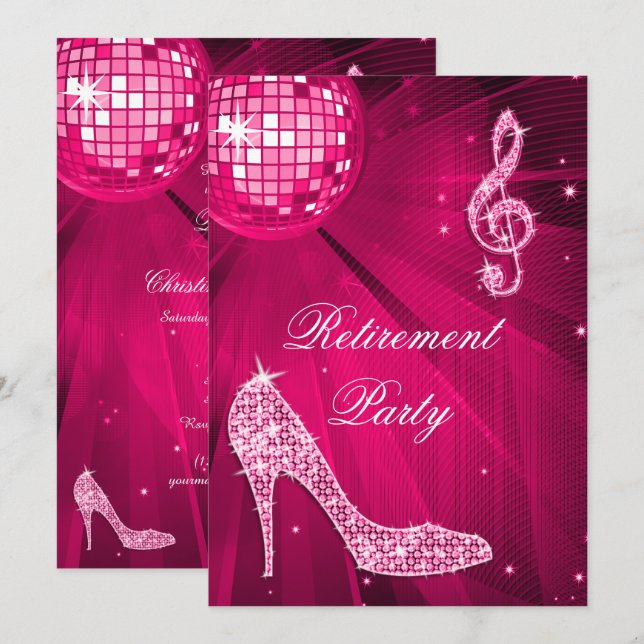 Invitation Disco Ball and Sparkle Heels Pink Retirement (Devant / Derrière)