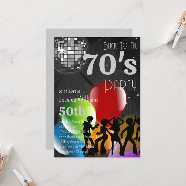 Invitation Disco Ball & Balloons Retro 70's Noir Anniversaire (Devant/Arrière en situation)