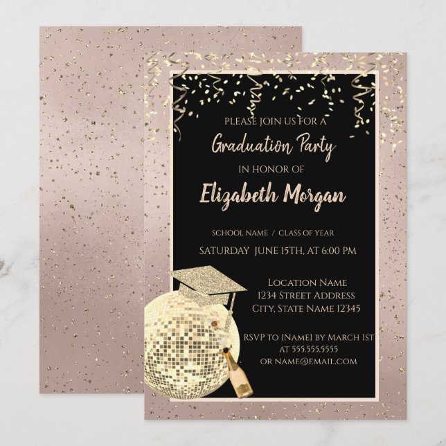 Invitation Disco Ball Confetti, Vin Rose Gold Graduation (Devant / Derrière)