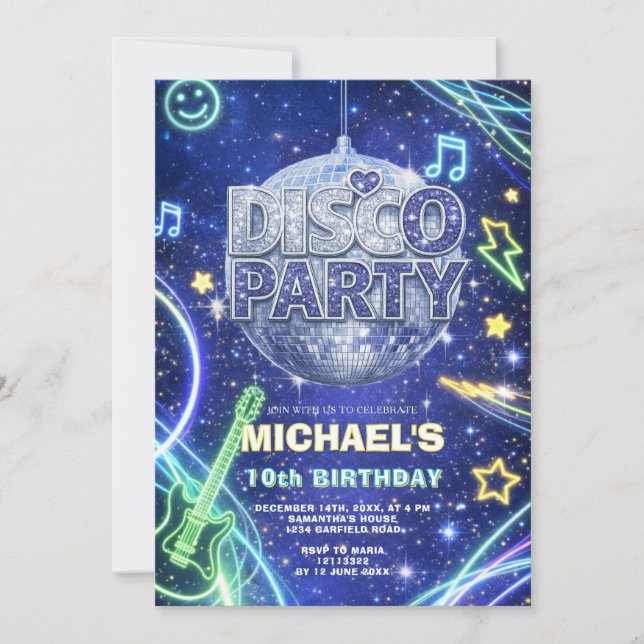Invitation Disco Ball Neon Space Kids Birthday Party Invite (Devant)