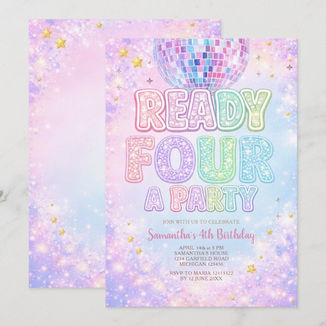 Invitation Disco Ball Ready FOUR a party  Birthday (Devant / Derrière)