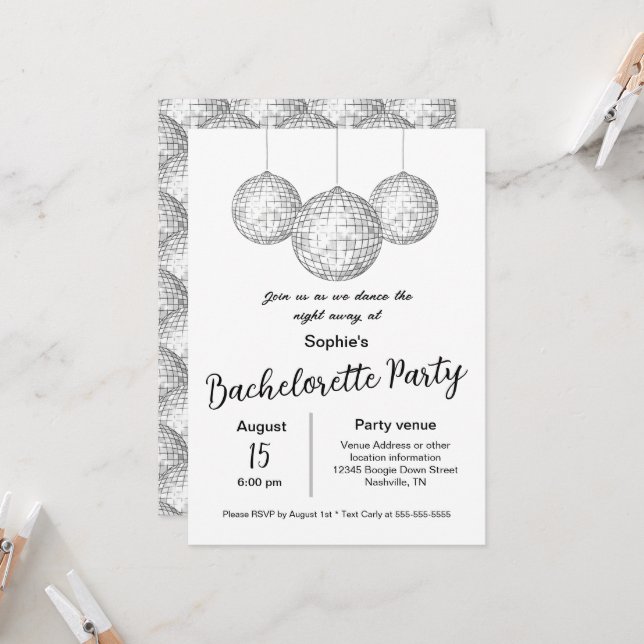 Invitation Disco Ball Thématique Bachelortie (Devant/Arrière en situation)