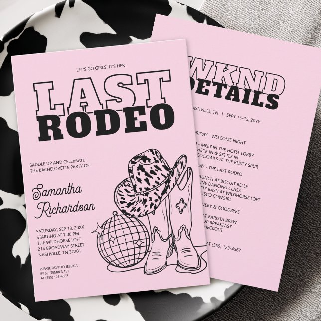 Invitation Disco Cowgirl Bachelorette Party Week-end Itinérai (Disco Cowgirl Bachelorette Party Weekend Itinerary Invitation)