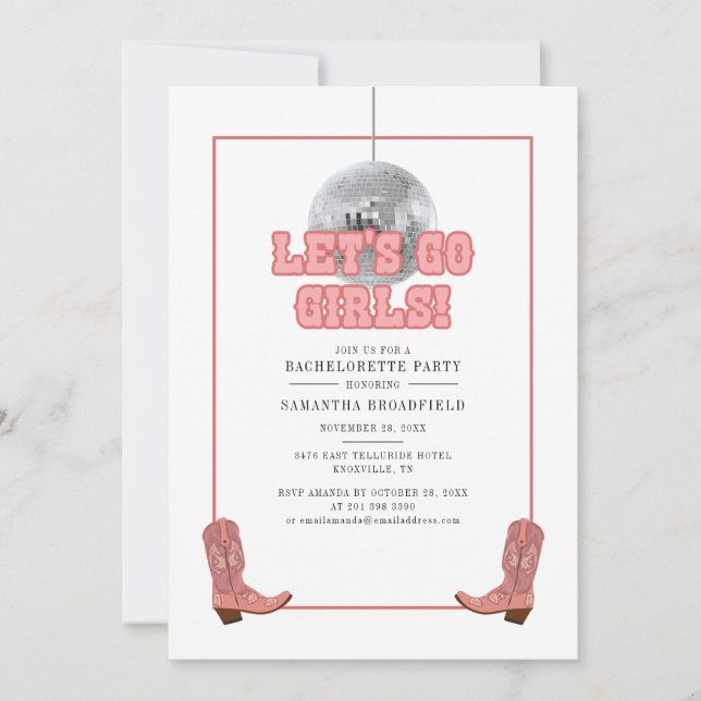 Invitation Disco Cowgirl Lets Go Girls Bachelorette Party (Devant)