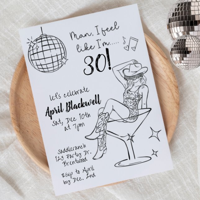 Invitation Disco, Cowgirl, Martini, Disco ball Birthday  (Créateur téléchargé)