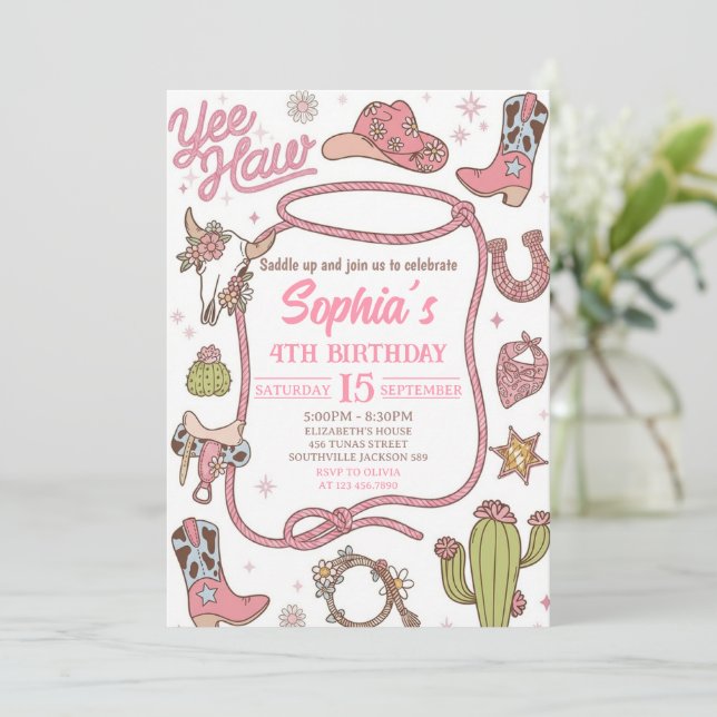 Invitation Disco Cowgirl Nashville Pink Rodeo Birthday Party (Debout devant)
