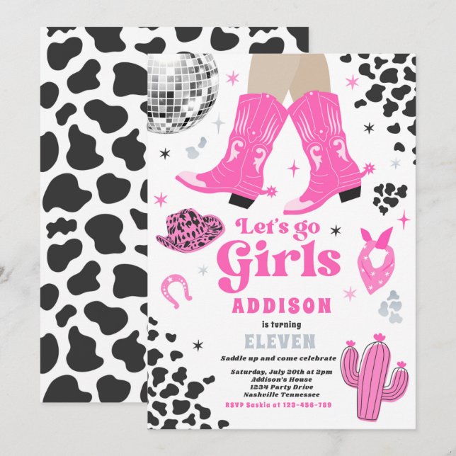 Invitation Disco Cowgirl Nashville Rodeo rose fête d'annivers (Devant / Derrière)