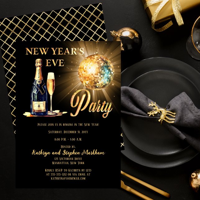 Invitation Disco et Champagne Black Gold New Years Eve Party (Disco Ball and Champagne with Glass Black and Gold Tone New Year's Eve Party Invitation)