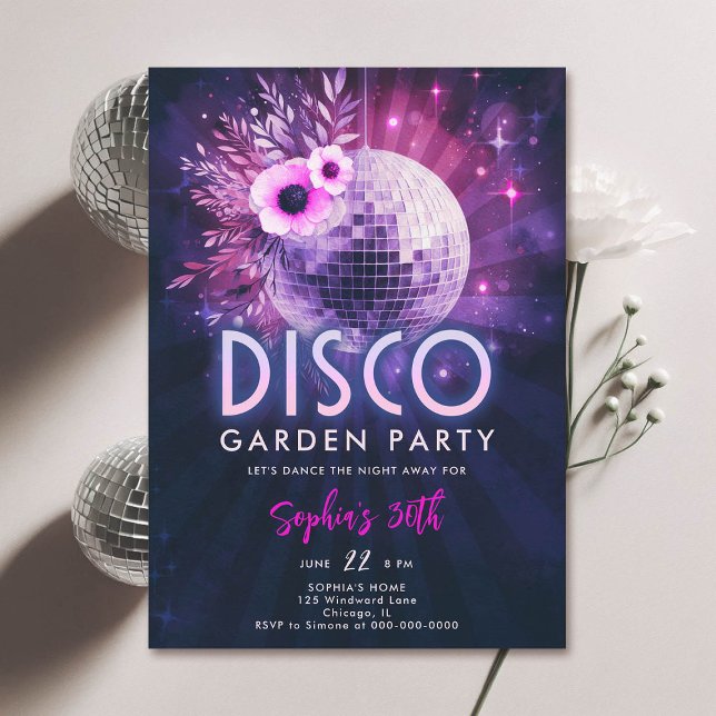 Invitation Disco Garden Party Hot rose violet 30e anniversair (disco garden party 30th birthday invitation groovy 70s floral disco ball hot pink purple classy)