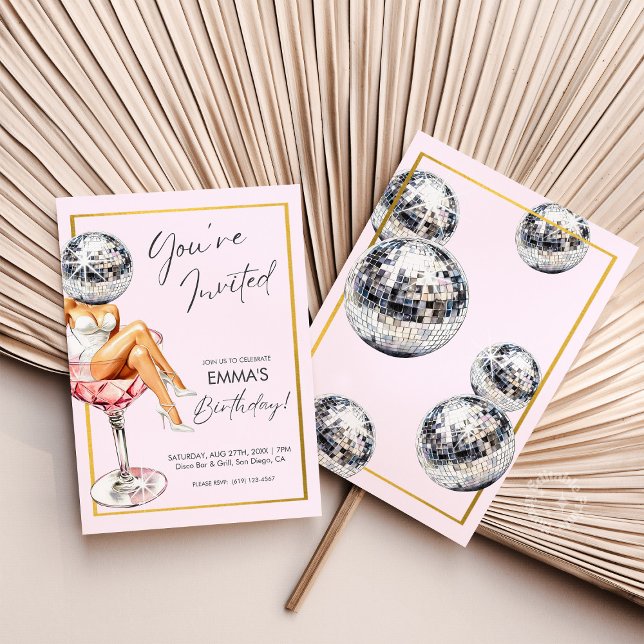 Invitation Disco Girl in Cocktail Glass Anniversaire Invitati (Disco Girl in Cocktail Glass Birthday Invite)