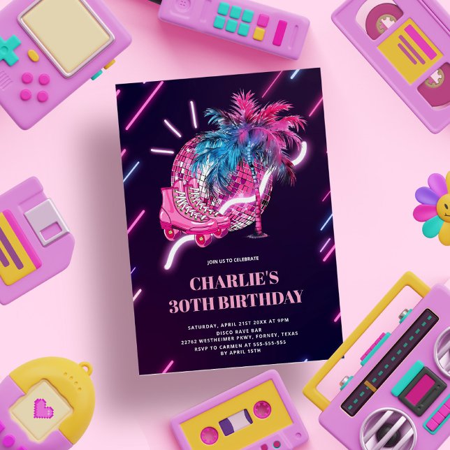 Invitation Disco Neon Party rose Retro Anniversaire (Créateur téléchargé)