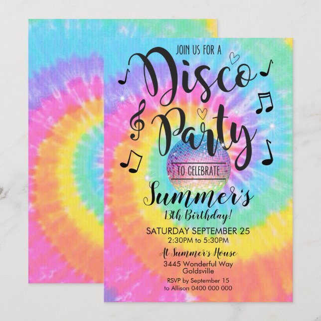 Invitation Disco Party Tie Dye Disco Party (Devant / Derrière)