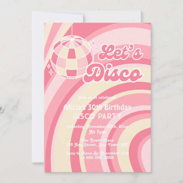 Invitation Disco Super Wave Retro les années 70 rose Annivers (Devant)