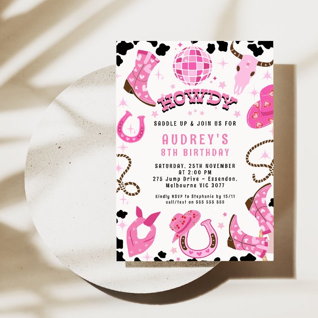 Invitation Discothèque moderne Hot Rose Ball Western Rodeo An (Hot Pink Disco Cowgirl Birthday Invitation Pink Cowgirl Rodeo Disco Ball Western Cowgirl Any Age)