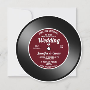 Invitation Disque Vinyle Rétro Rouge Vin Mariage Enregistrer
