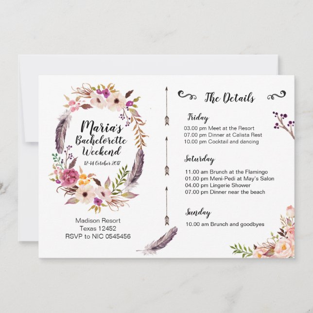 Invitation d'itinéraire de week-end de Boho (Devant)