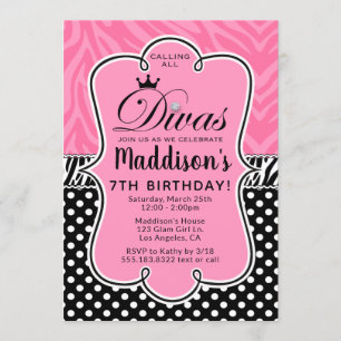 Invitation Diva Zebra Pink and Black Girl's Birthday Party