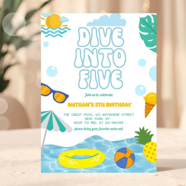Invitation Dive Into Five Boy 5th Birthday Pool Summer Party (pool party invitation, dive into five invite, summer birthday invite, beach birthday invitation, kid)