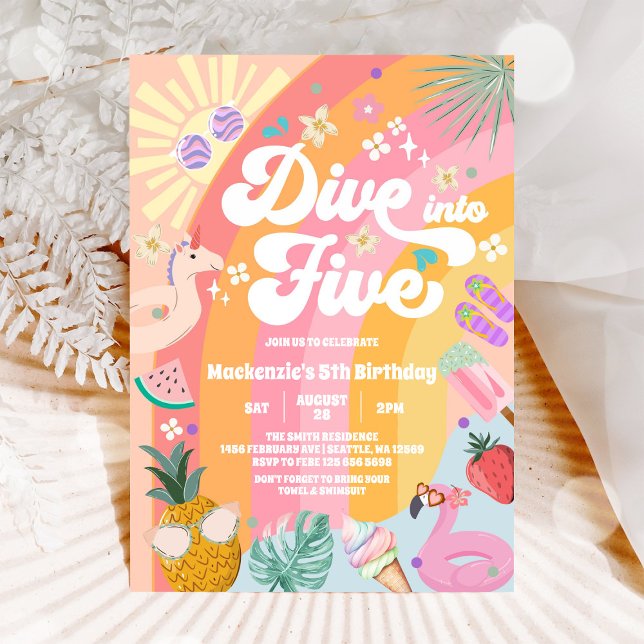 Invitation DIve Into Five Rainbow Sun Summer 5th Birthday  (Créateur téléchargé)