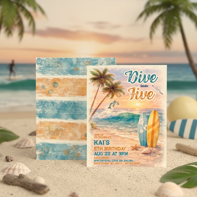 Invitation Dive into Five Retro Surf Beach 5th Birthday  (Créateur téléchargé)