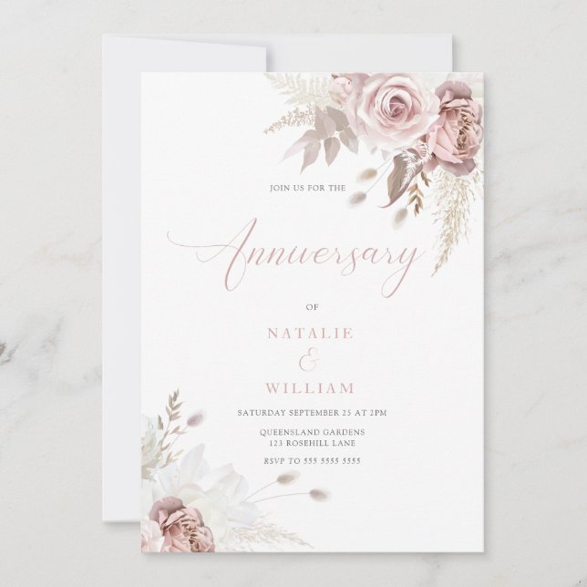 Invitation Divine Blush & Dusty Rose Anniversaire Mariage (Devant)