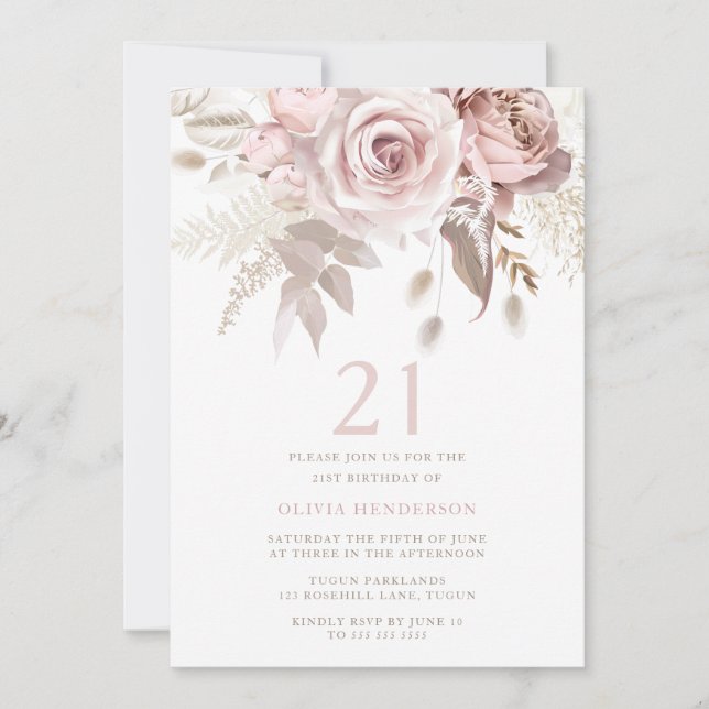 Invitation Divine Blush rose Roses 21e fête d'anniversaire (Devant)