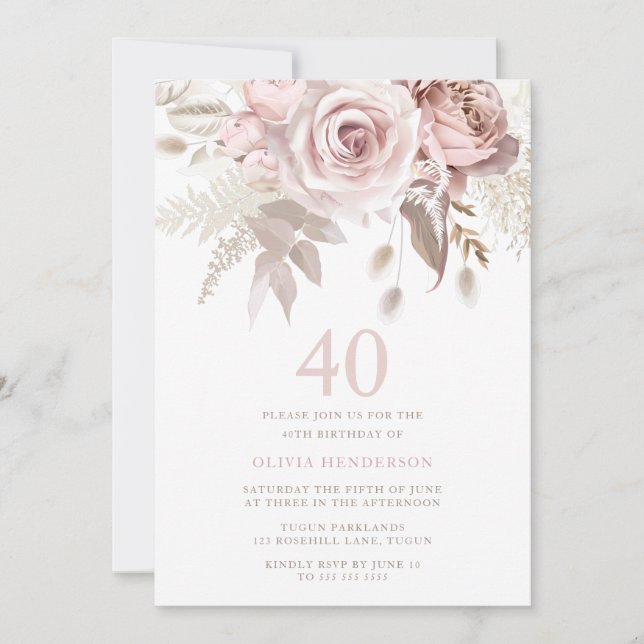 Invitation Divine Blush rose Roses 40e fête d'anniversaire (Devant)