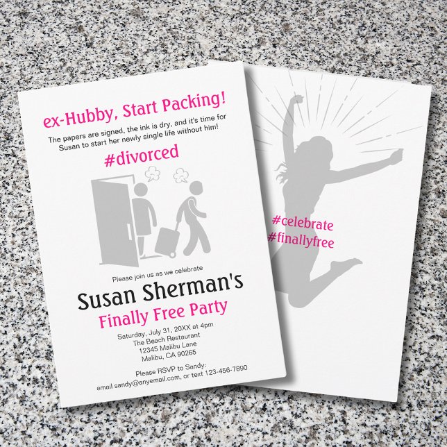 Invitation Divorce Party mignon Rose Enfin Gratuit (Divorce party finally free with funny "ex-Hubby, Start Packing!" theme. Matching envelope shown.)