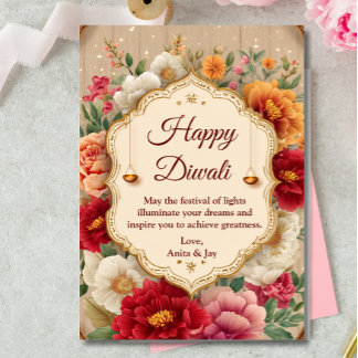 Invitation Diwali Beige Floral Ornate Lamp Diyas Salutation